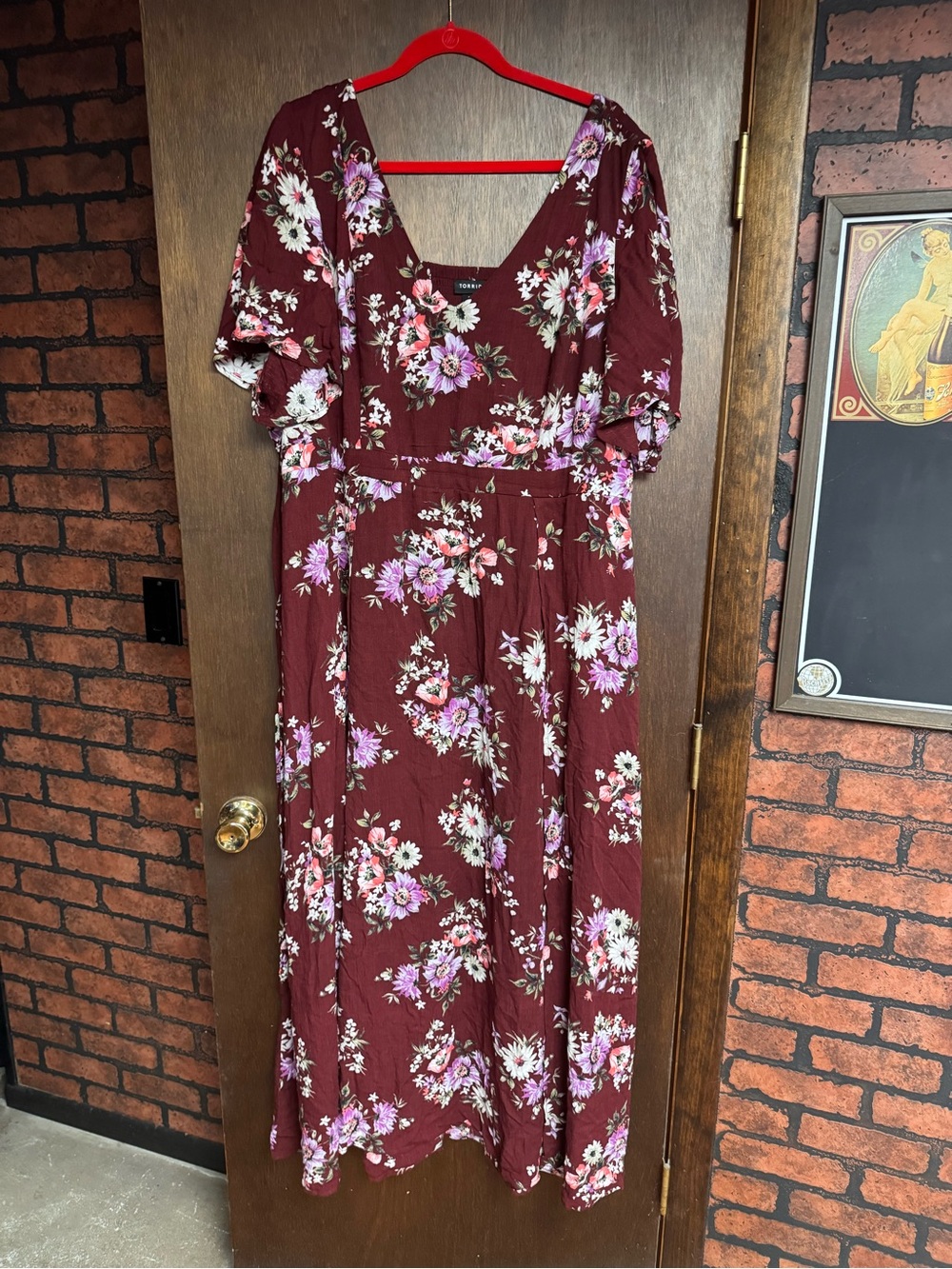 Burgundy Floral Maxi Dress with Short Puff Sleeves